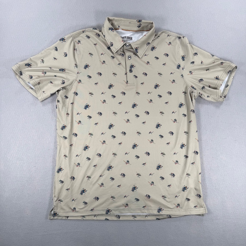 North River Outfitters Mens Tan Fly Fishing Lure Print Polo Shirt Medium M